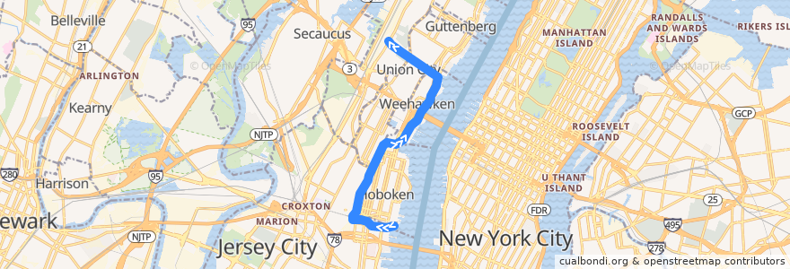 Mapa del recorrido Hudson–Bergen Light Rail: Hoboken Terminal → Tonnelle Avenue de la línea  en Hudson County.