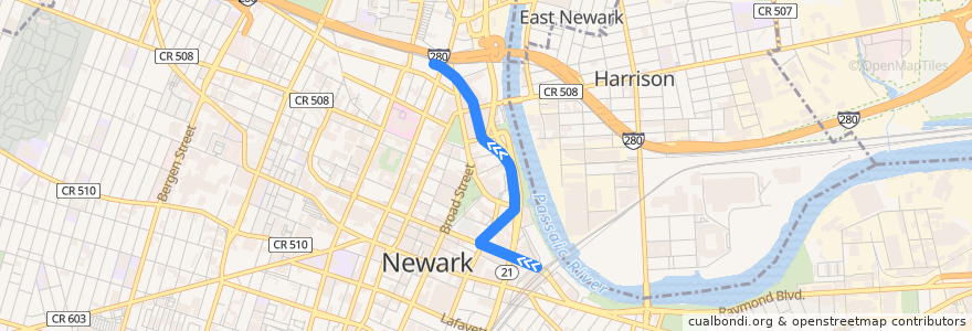 Mapa del recorrido Newark Light Rail: Newark Penn Station → Broad Street Station de la línea  en Newark.