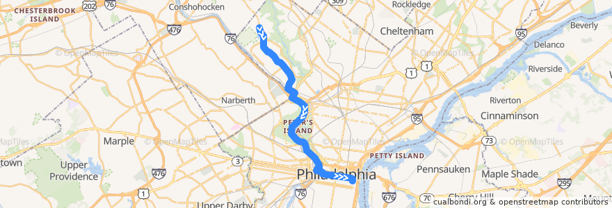 Mapa del recorrido SEPTA 9 (Andorra to 4th-Walnut) de la línea  en Philadelphia County.