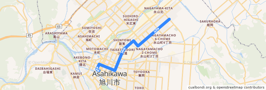 Mapa del recorrido [64]永山6条線（深夜バス） (Nagayama 6-jo Line (Midnight Bus)) de la línea  en Asahikawa.