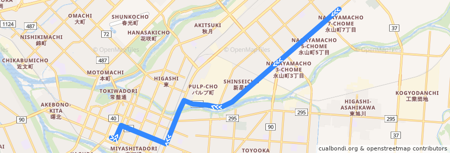 Mapa del recorrido [66]永山10条線 (Nagayama 10-jo Line) de la línea  en 旭川市.