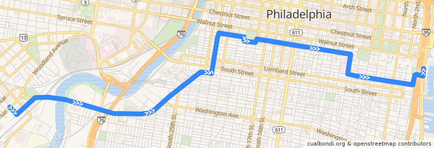 Mapa del recorrido SEPTA 12 (50th-Woodland to Columbus-Dock) de la línea  en Philadelphia County.