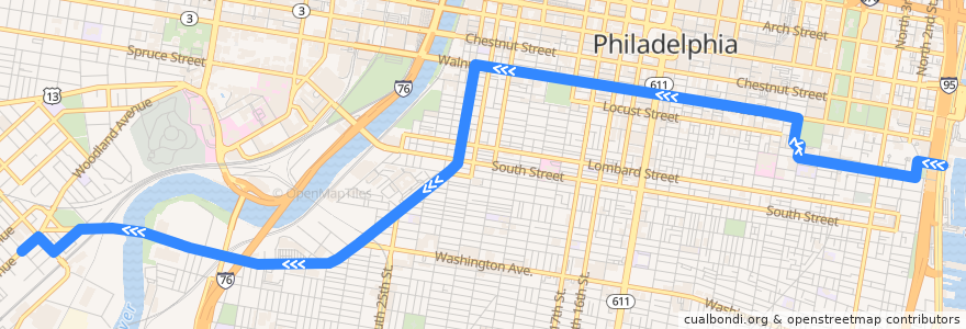 Mapa del recorrido SEPTA 12 (Columbus-Dock to 50th-Woodland) de la línea  en Philadelphia County.
