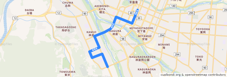 Mapa del recorrido [50]雨紛2号線（伊の沢経由) de la línea  en 旭川市.