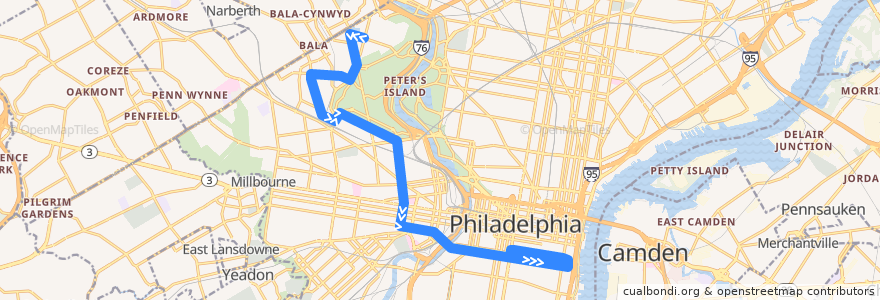 Mapa del recorrido SEPTA 40 (Conshohocken-Monument to 2nd-Lombard) de la línea  en Philadelphia County.