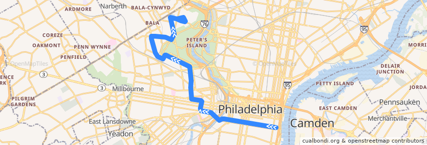 Mapa del recorrido SEPTA 40 (2nd-Lombard to Conshohocken-Monument) de la línea  en Philadelphia County.