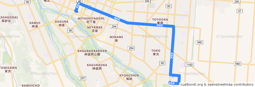 Mapa del recorrido [52]豊岡・東光7丁目線 de la línea  en 旭川市.