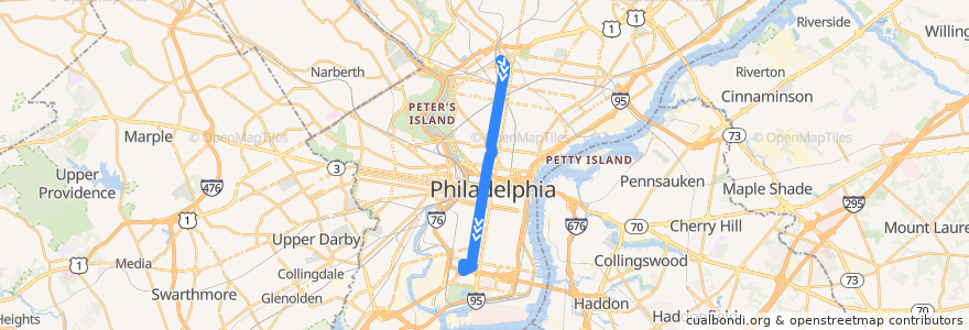 Mapa del recorrido SEPTA 2 (Pulaski-Hunting Park to 20th-Johnston) de la línea  en Philadelphia County.