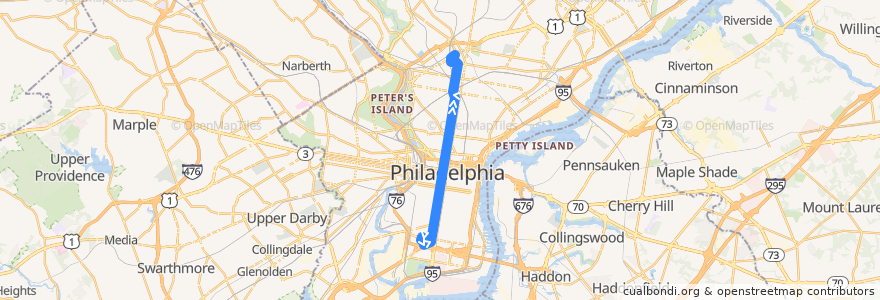 Mapa del recorrido SEPTA 2 (20th-Johnston to Pulaski-Hunting Park) de la línea  en Philadelphia County.