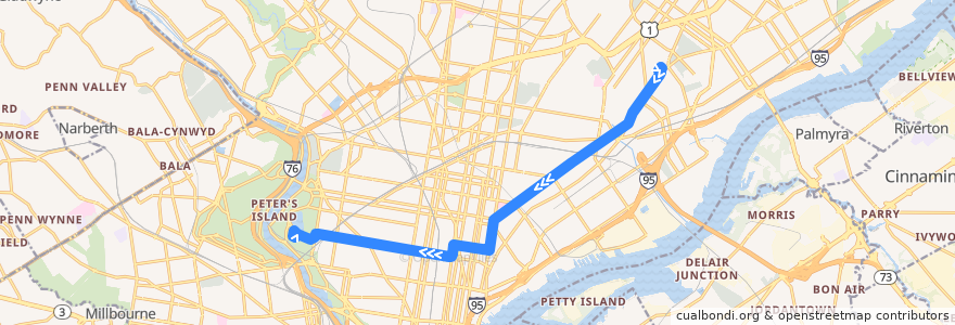 Mapa del recorrido SEPTA 3 (Frankford Transportation Center to 33rd-Cecil B. Moore) de la línea  en Philadelphia County.