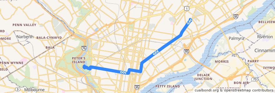 Mapa del recorrido SEPTA 3 (33rd-Cecil B. Moore to Frankford Transportation Center) de la línea  en Philadelphia County.