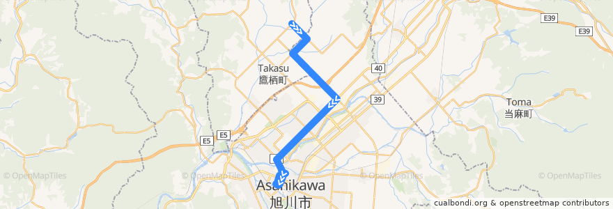 Mapa del recorrido [6]東鷹栖線（1線経由） (Higashi-Takasu Line via 1-sen) de la línea  en 旭川市.