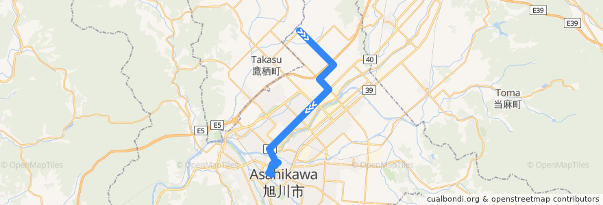 Mapa del recorrido [8]東鷹栖線（16号経由） (Higashi-Takasu Line via 16-go)) de la línea  en 旭川市.