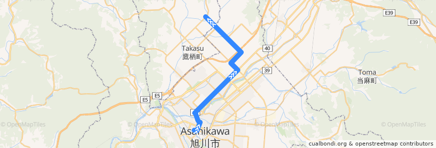 Mapa del recorrido [9]東鷹栖線（16号経由） (Higashi-Takasu Line via 16-go) de la línea  en 旭川市.