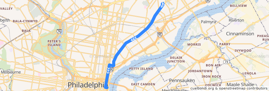 Mapa del recorrido SEPTA 5 (Frankford Transportation Center to Front-Market) de la línea  en Philadelphia County.