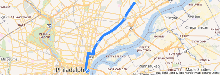 Mapa del recorrido SEPTA 5 (Front-Market to Frankford Transportation Center) de la línea  en Philadelphia County.