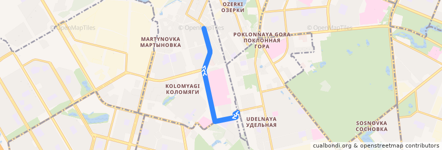 Mapa del recorrido Автобус № 45: ж/д станция Удельная => Афонская улица de la línea  en округ Коломяги.