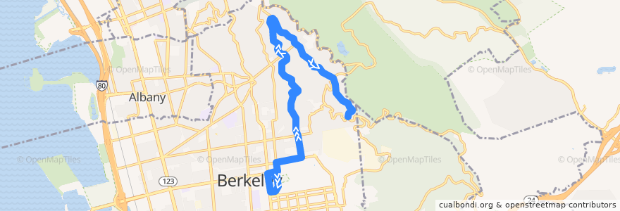Mapa del recorrido AC Transit 65: Downtown Berkeley => Senior Avenue Loop (weekdays) de la línea  en 阿拉梅达县/阿拉米達縣/阿拉米達郡.