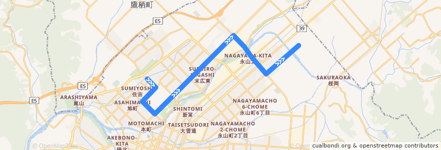 Mapa del recorrido [600]春光6条永山線 de la línea  en 旭川市.