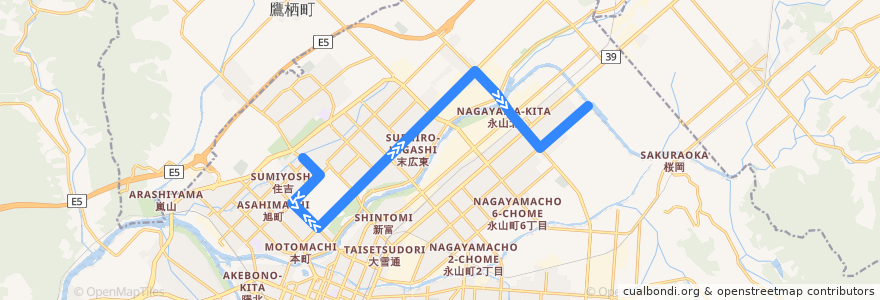 Mapa del recorrido [60]春光6条永山線 de la línea  en 旭川市.