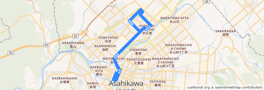 Mapa del recorrido [103]末広10丁目循環線 (Suehiro 10-chome loop Line) de la línea  en 旭川市.