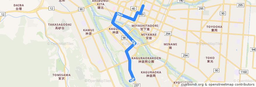 Mapa del recorrido [44]神楽北線 (Kagura-kita Line) de la línea  en Asahikawa.