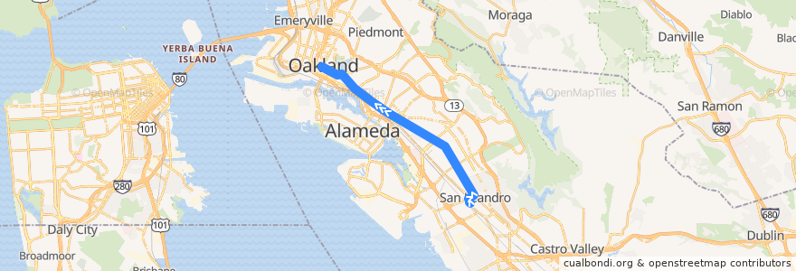Mapa del recorrido AC Transit 1: San Leandro BART => Downtown Oakland de la línea  en اوکلند، کالیفرنیا.