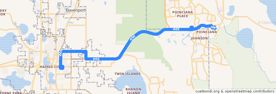Mapa del recorrido 416 Poinciana/Haines City (westbound) de la línea  en Polk County.