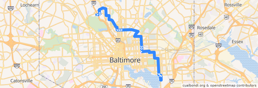 Mapa del recorrido LocalLink 21: Canton Crossing de la línea  en Baltimore.