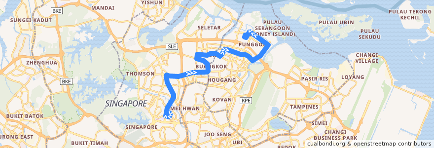 Mapa del recorrido Svc 50 (Bishan Interchange => Punggol Temporary Interchange) de la línea  en Singapore.