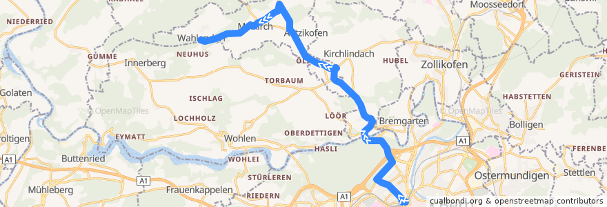 Mapa del recorrido Bus 104: Bern Hauptbahnhof -> Wahlendorf Wendeplatz de la línea  en Verwaltungskreis Bern-Mittelland.