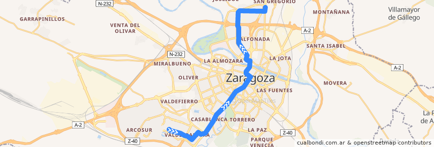 Mapa del recorrido L1: Mago de Oz => Avenida de la Academia de la línea  en Zaragoza.