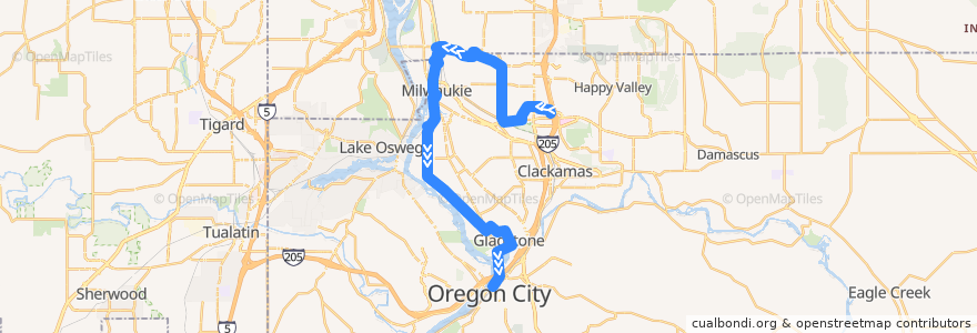Mapa del recorrido Bus 34: Clackamas Town Center => Oregon City Transit Center de la línea  en Clackamas County.