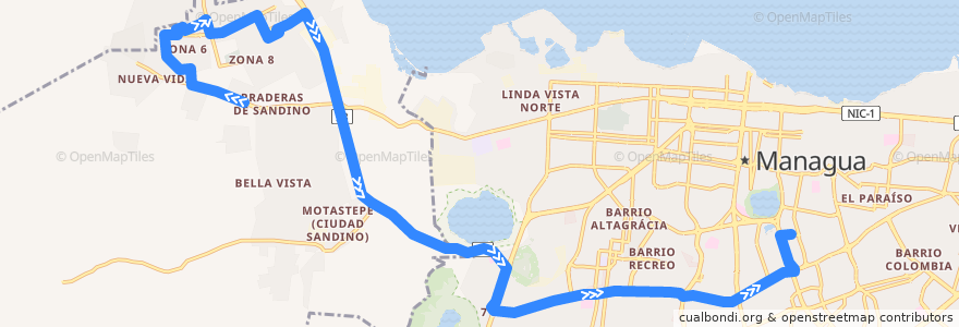 Mapa del recorrido Ruta 210: Ciudad Sandino (Villa Soberana) -> Metrocentro de la línea  en Managua.