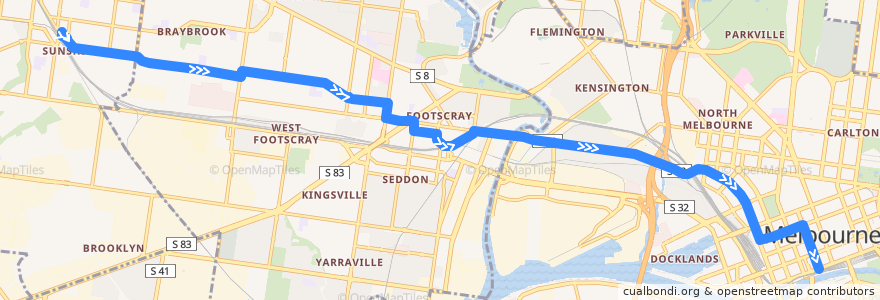 Mapa del recorrido Bus 216: Sunshine Station => Dynon Road => City (Queen Street) de la línea  en Melbourne.