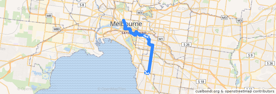 Mapa del recorrido Bus 605: Gardenvale => Kooyong Road => City (Queen Street) de la línea  en Melbourne.