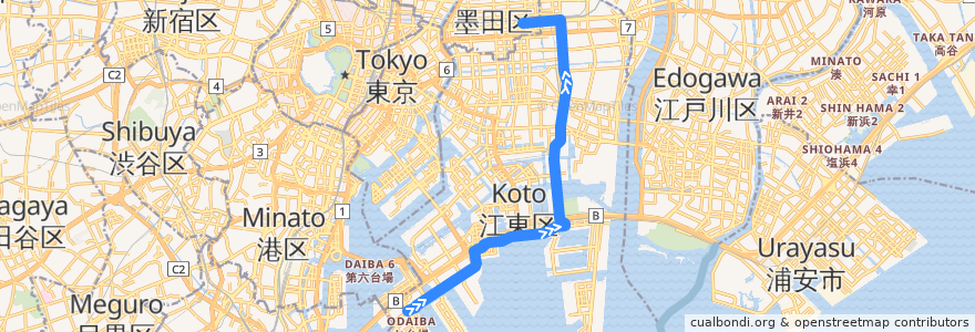 Mapa del recorrido 東京都交通局 急05 錦糸町駅前 - パレットタウン前 de la línea  en Koto.