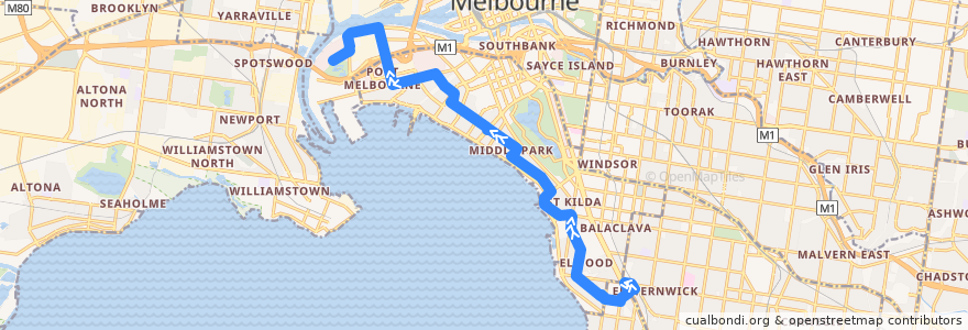 Mapa del recorrido Bus 606: Elsternwick Station => Fishermans Bend de la línea  en Melbourne.