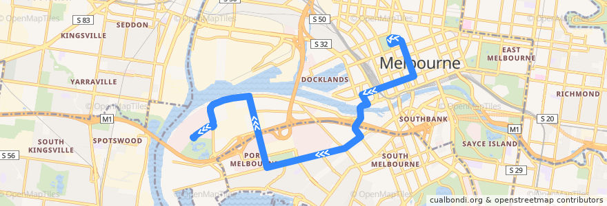 Mapa del recorrido Bus 235: City (Queen Victoria Market) => Williamstown Road => Fishermans Bend de la línea  en Melbourne.