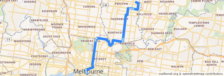 Mapa del recorrido Bus 251: City (Queen Street) => Clifton Hill => Northland SC de la línea  en Melbourne.