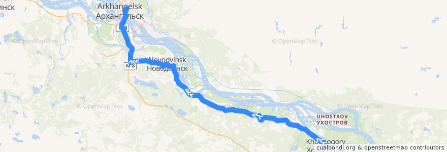 Mapa del recorrido Автобус 524: Холмогоры - Архангельск (автовокзал) de la línea  en Oblast Archangelsk.