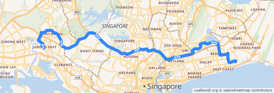 Mapa del recorrido Svc 506 (Jurong East Temporary Interchange => Upper East Coast Terminal) de la línea  en Singapore.