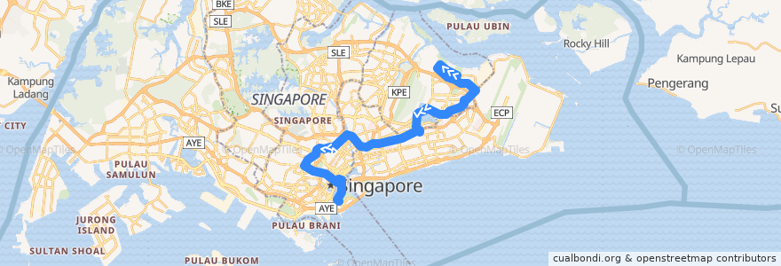 Mapa del recorrido Svc 518A (Pasir Ris Interchange => Opposite Marina Bay Sands MICE) de la línea  en 싱가포르.