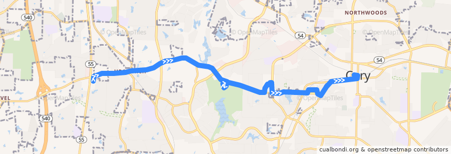 Mapa del recorrido GoCary 4: NC 55 => Cary Depot de la línea  en Cary.