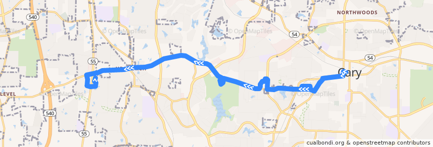 Mapa del recorrido GoCary 4: Cary Depot => NC 55 de la línea  en Cary.