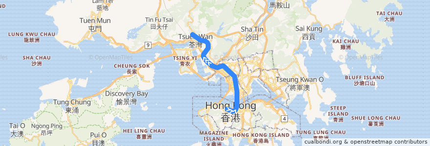 Mapa del recorrido 港鐵荃灣綫 MTR Tsuen Wan Line (南行 Southbound) de la línea  en 香港 Hong Kong.