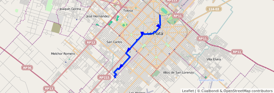 Mapa del recorrido 27 de la línea Oeste en Partido de La Plata.