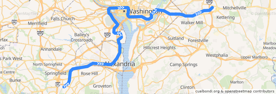 Mapa del recorrido WMATA Blue Line: Franconia–Springfield → Largo Town Center de la línea  en Vereinigte Staaten von Amerika.