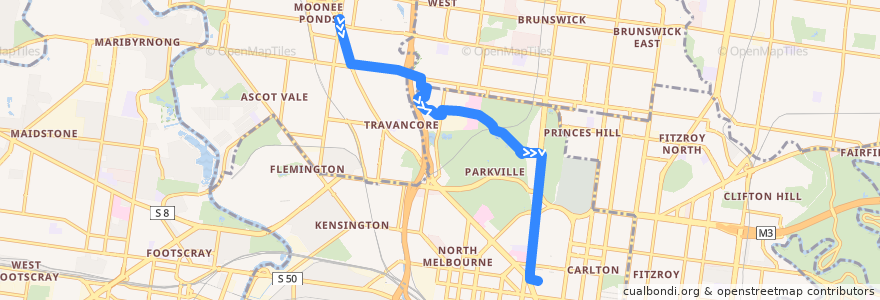 Mapa del recorrido Bus 505: Moonee Ponds Interchange => Parkville Gardens => Melbourne University de la línea  en Melbourne.