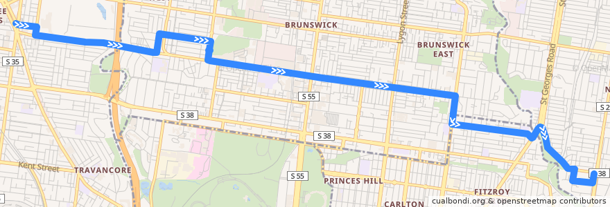 Mapa del recorrido Bus 506: Moonee Ponds Interchange => Bruswick => Westgarth de la línea  en Melbourne.